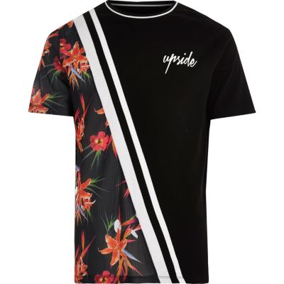 Black mesh spliced floral print T-shirt